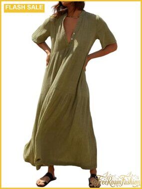 Womens Cotton Maxi Dress Short Sleeve V Neck Tiered Ruffle Flowy Summer